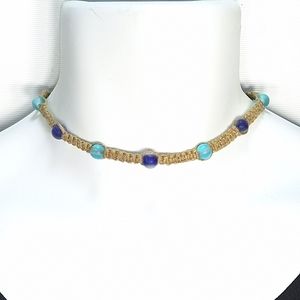 Woven Hemp Recycled Blue Glass Bead Unisex Necklace